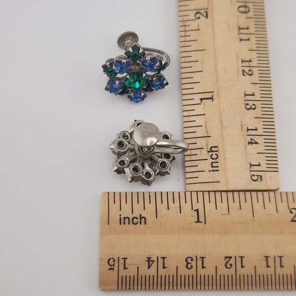 Vintage Earring .75" Cottagecore Blue & Green Layered Stacked Rhinestone Cluster - Picture 4 of 5